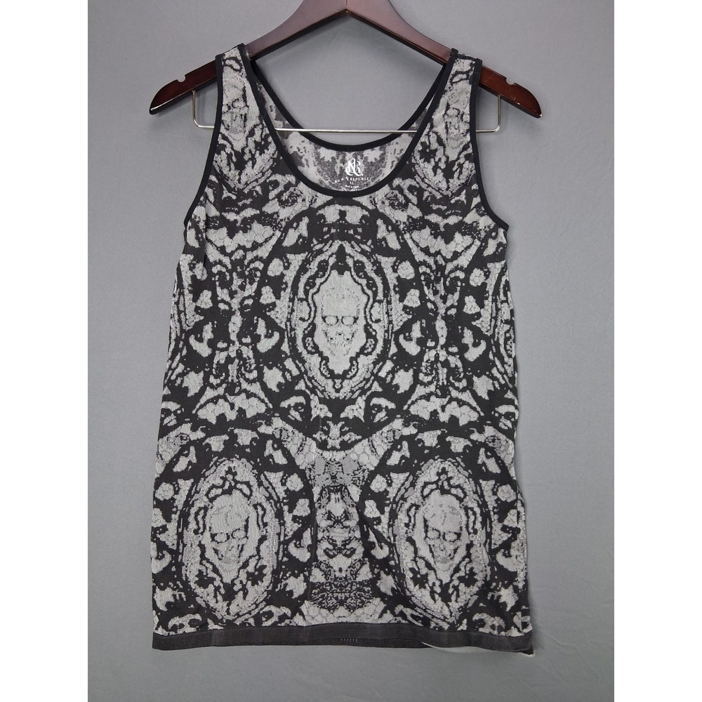 Rock & Republic Tank Top Skull Damask XL Grey Black Sleeveless Scoop Neck